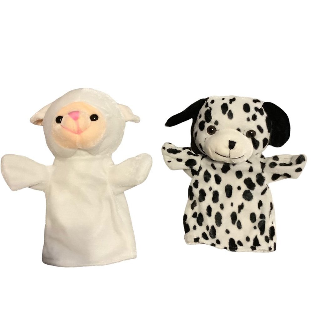 Goffa lamb‎ & dalmatian dog puppy hand puppets plush head 7”x10” lot of 2